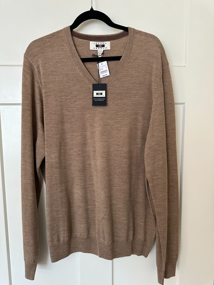 Joseph Abboud Men’s V-Neck Sweater XXL Tan Extra Fine Merino Wool NWT