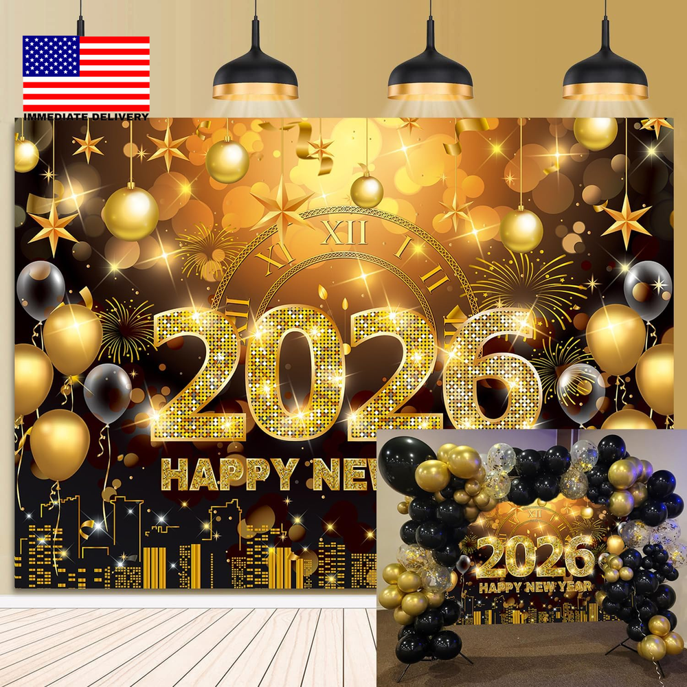 2026 Happy New Year Banner Backdrop 7X5Ft Black and Gold Fireworks New Years Eve