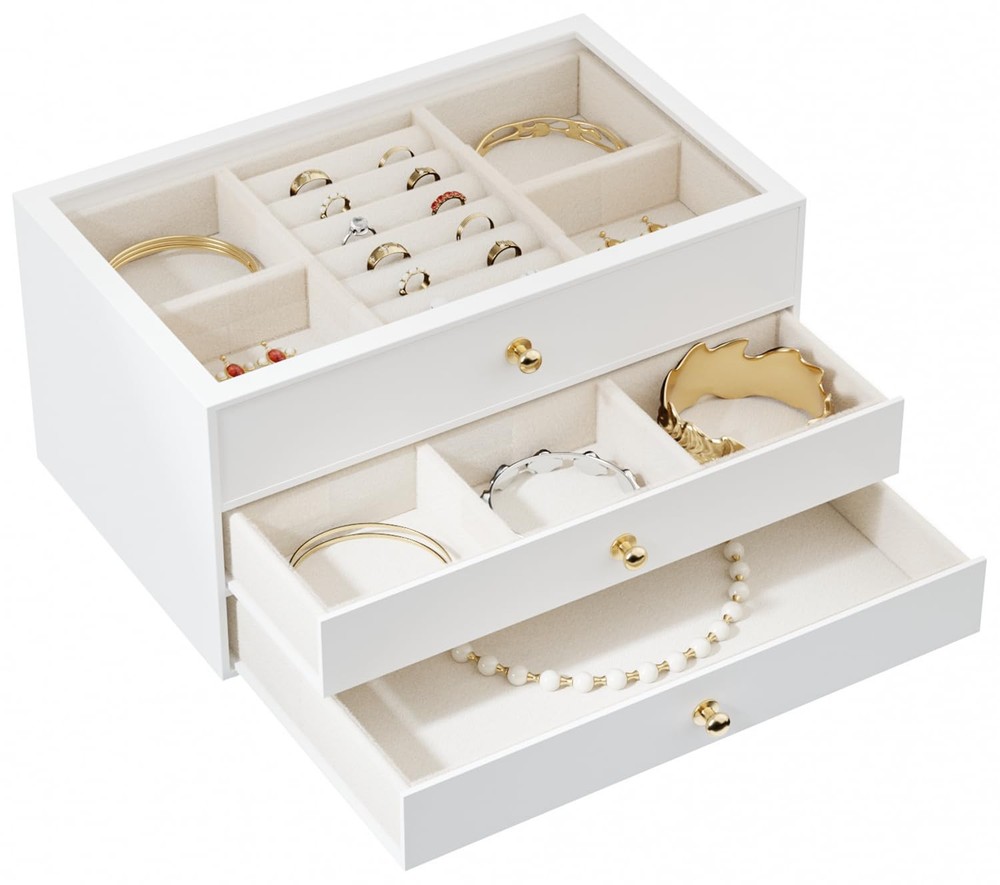 Elegant Acrylic Jewelry Box with Glass Lid and 3-Layer Organizer for Women and Girls