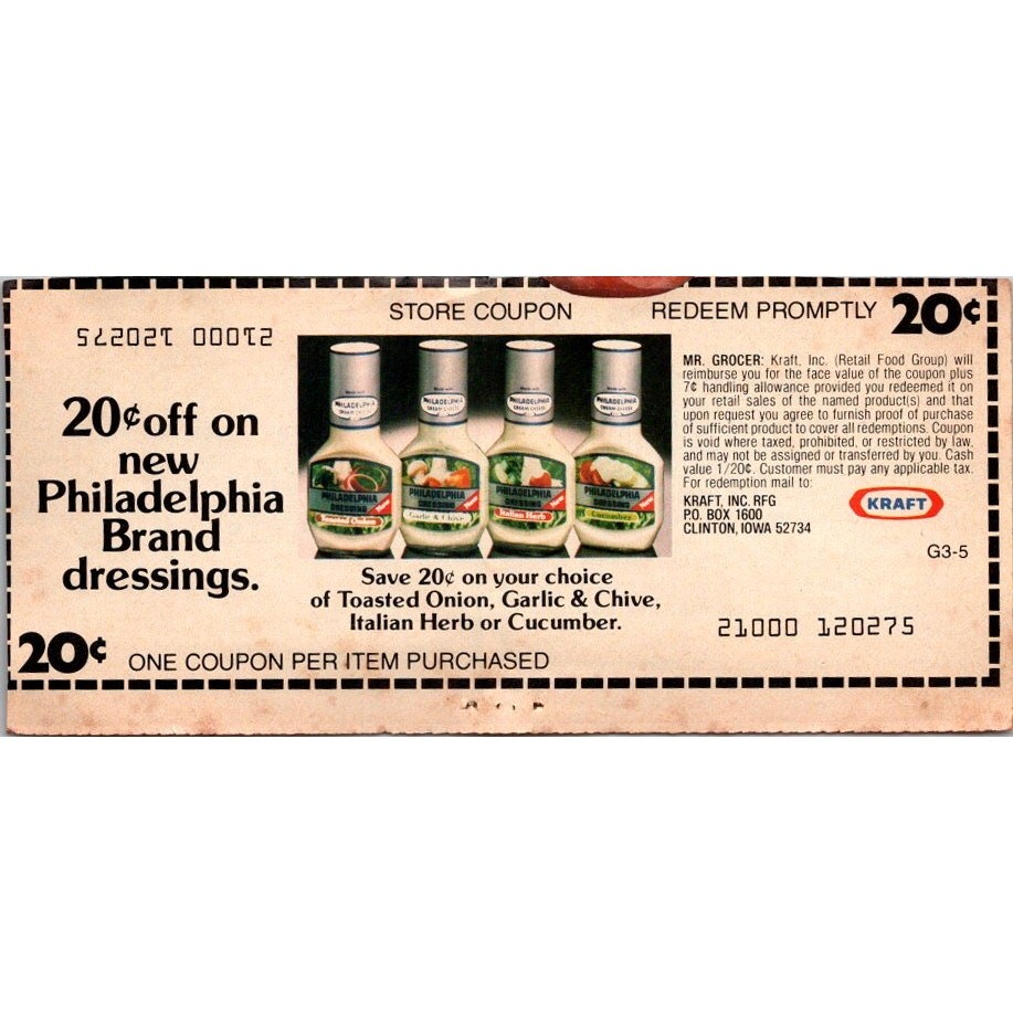 Vintage 1980s Kraft Philadelphia Cream Cheese Dressing Coupon SAI1-H3-image