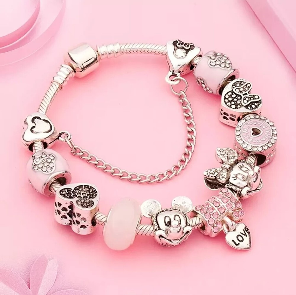 PANDORA silver bracelet with crystal heart and love European charms