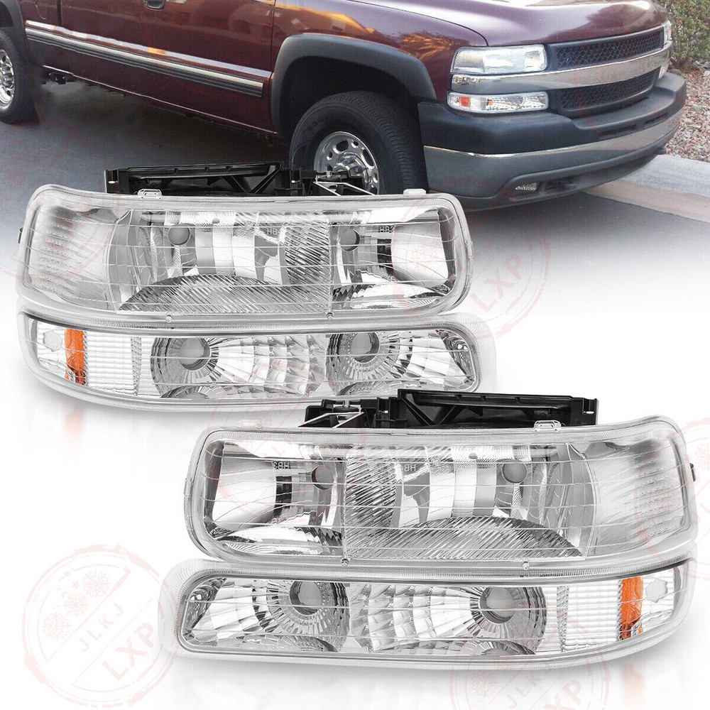 For Chevy Silverado 1999-2002 Headlights Assembly Pair Chrome Housing Headlamps