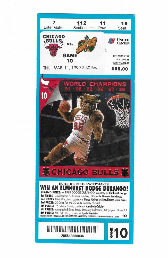 Chicago Bulls vs Seattle Supersonics Unused Basketball Ticket from 3/11/1999