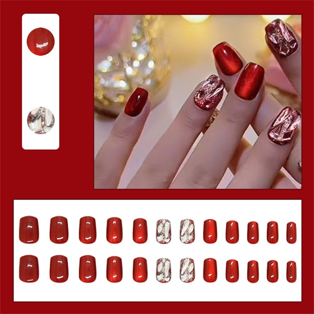 Sparkling Red Cat Eye Press-On Nails with Diamonds 24pcs Short Square