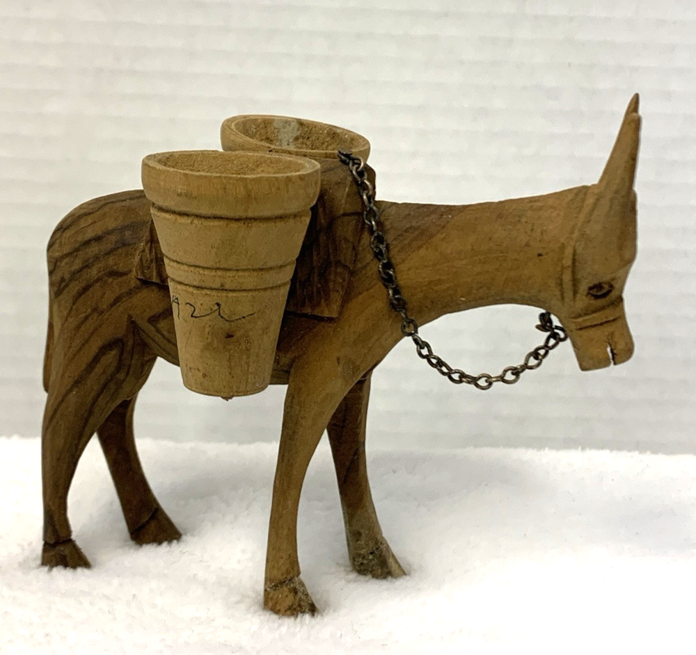 Hand Carved Miniature Brown Wooden Mule Donkey with Water Barrels and Chain Rein
