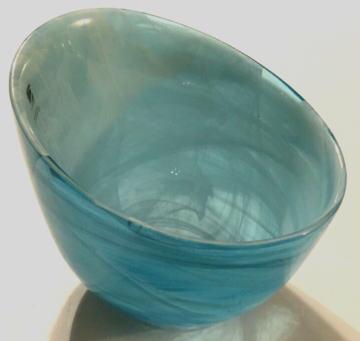 SEA GLASSBRUK Hand Painted Free Blown Blue White Abstract Slanted Bowl Art Glass