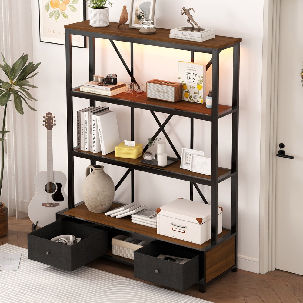 3-Shelf Metal Bookcase w/Drawers Bookshelf Open Storage Display for Home Office