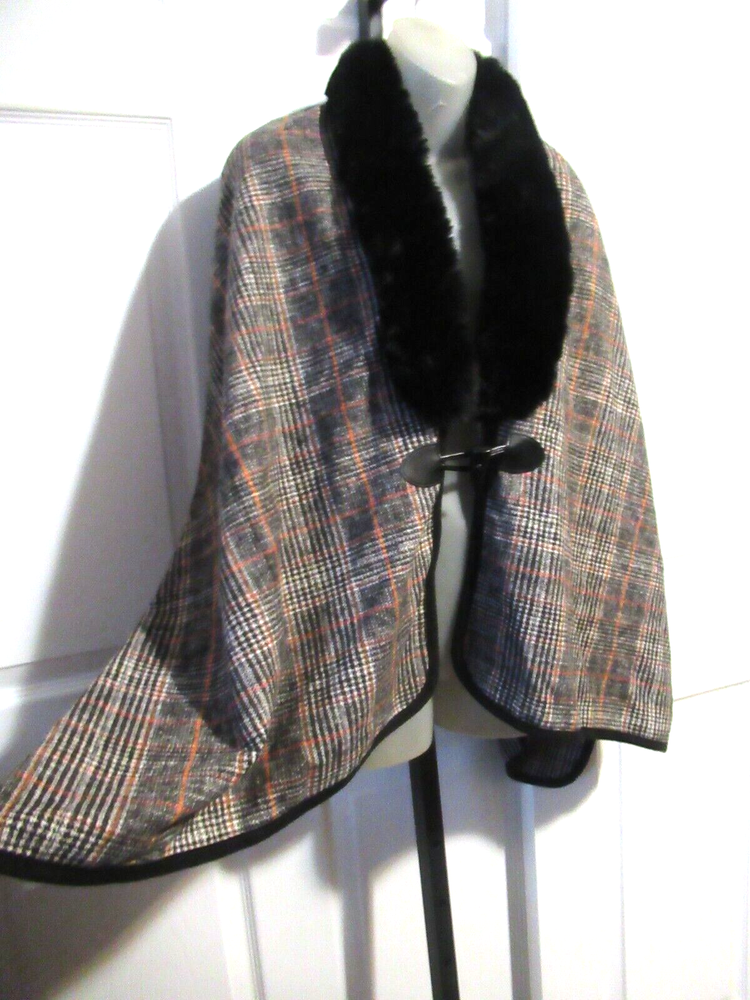 Charter Club Tartan Plaid Fur Collared Wool Blend Cape Coat One Size