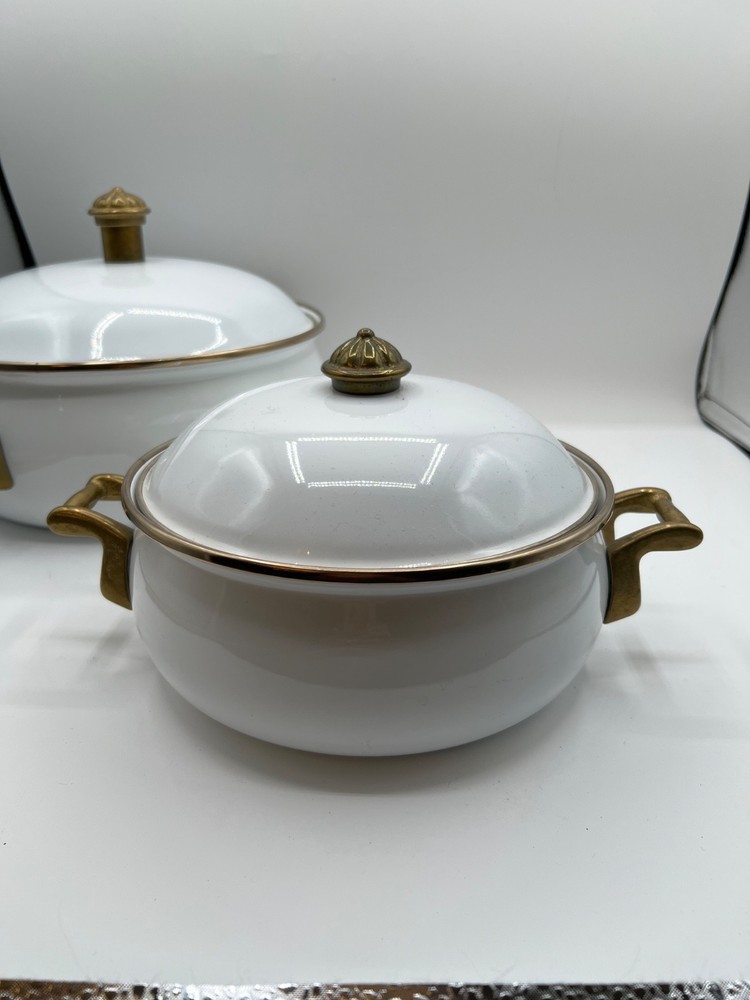 Bon Chef White Enamel Pot 1.5 qt. saucette pan with lid brass handles