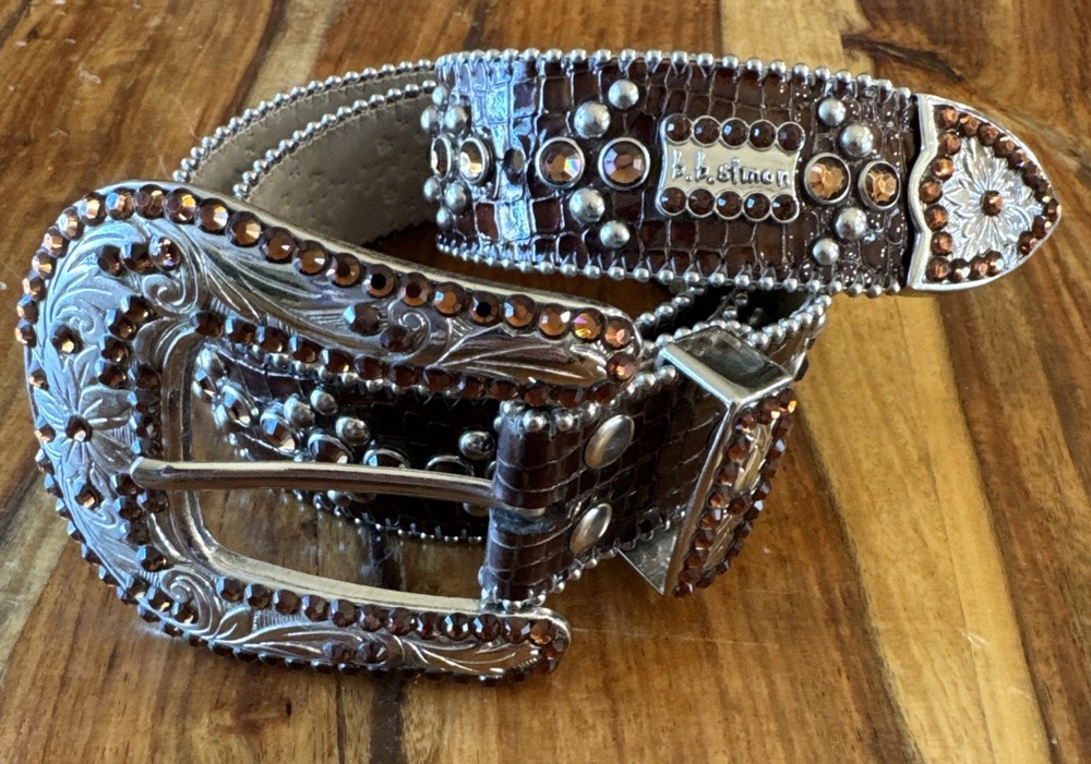 Vintage BB Simon Belt  XL  - Swarovski Crystals - Western Croc Brown