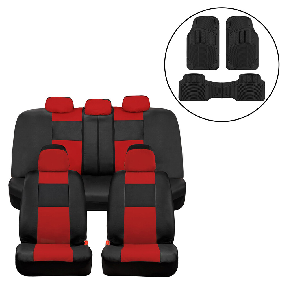 Red PU Leather Car Seat Covers Full Set with Black Rubber Mats