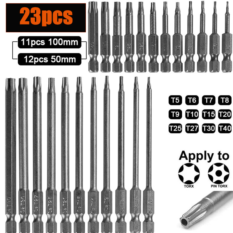 23pcs Magnetic Torx Screwdriver Bit Set 50/100mm Tamper Proof Star Security