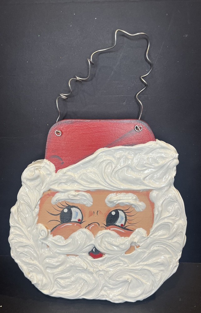 Vintage Unique Handpainted Santa On Wood Handmade Bushy Eyebrows