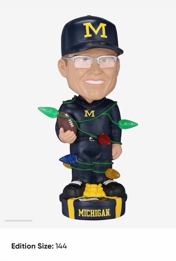 Michigan wolverine’s Jim Harbaugh  holiday lights bobble head- New In Box
