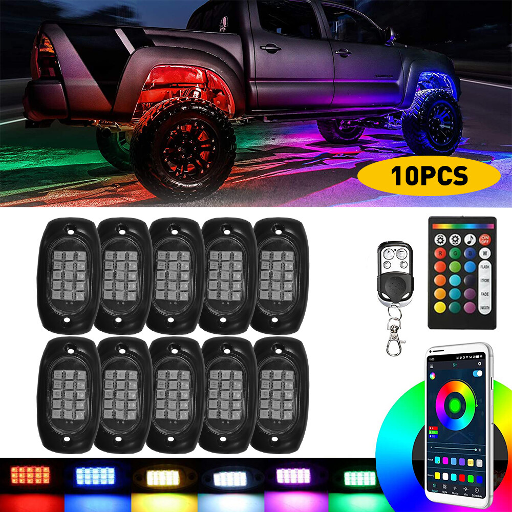 AUXITO 10 Pods RGB LED Rock Lights Underglow Kit Offroad Bluetooth Remote APP I