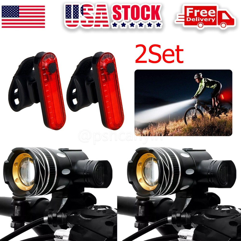 USB Rechargeable LED Bicycle Headlight Bike Front Rear Lamp Cycling Light/2 Sets