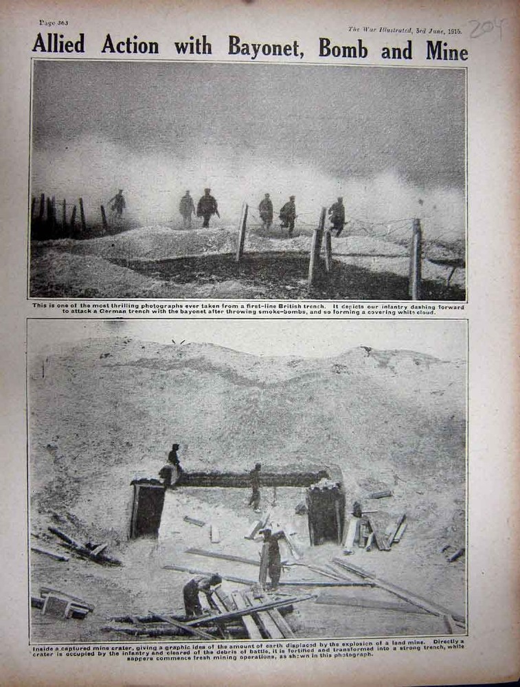 Original Old Antique Print 1916 Ww1 British Trench Siers Mine Crater Weapons