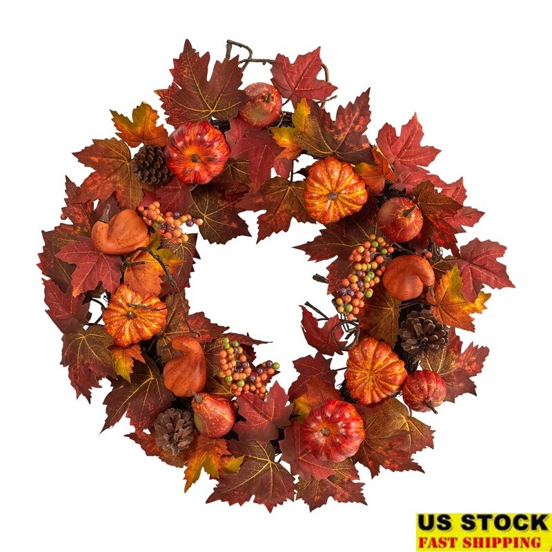 24 Inch Artificial Pumpkin Wreath for Fall Home Decor
