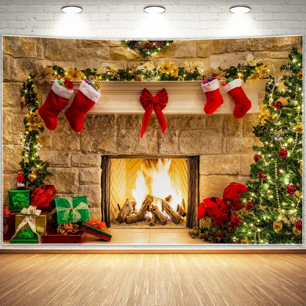 7X5Ft Christmas Fireplace Theme Backdrop for Photography Tree Sock Decorations f