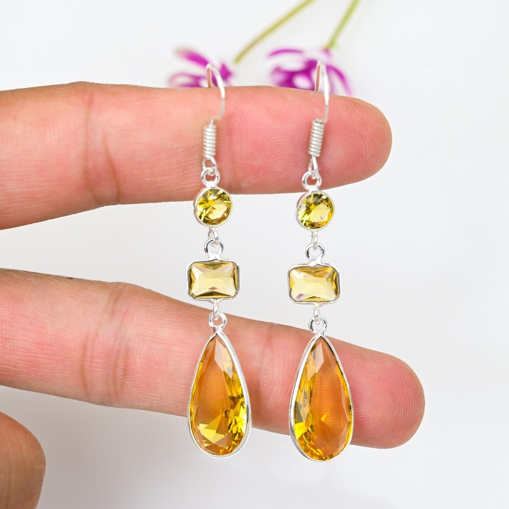 Citrine Gemstone Dangle Earrings in 925 Sterling Silver Handmade Jewelry Gift for Women