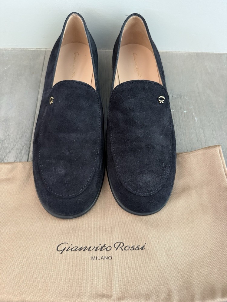 Gianvito Rossi Black Suede Loafer Flats Gold Logo Women's Size 38 Leather