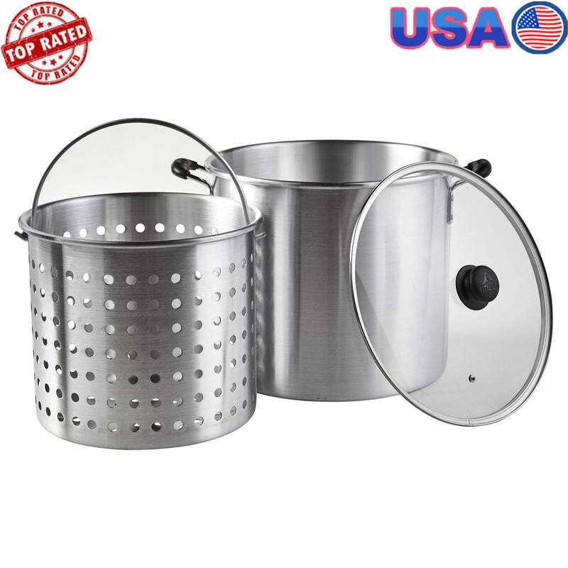 32Qt Aluminum Steamer Pot with 21Qt Basket & Glass Lid for Kitchen Cooking