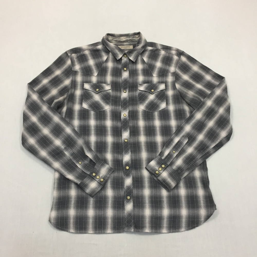 All Saint Shirt Mens Large Button Up Pearl Snap Long Sleeve Check Grey (L)