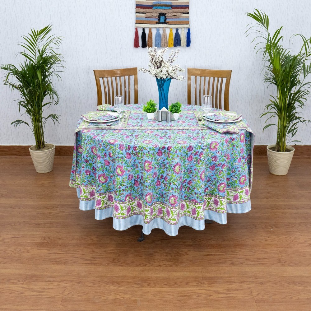 Handblock Printed Round Cotton Tablecloth For Dinning, Home Decor Table Linens