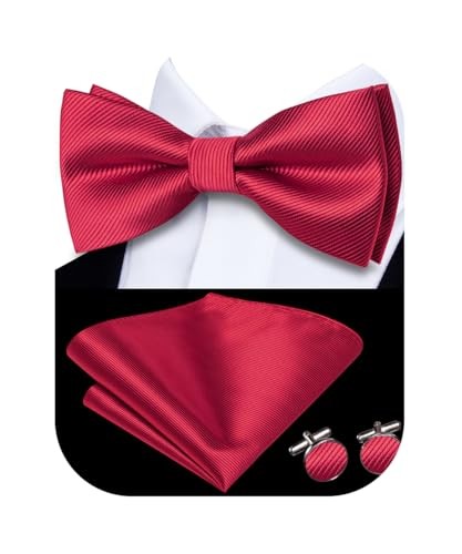 Wine Red Striped Mens Bow Tie Set with Pocket Square & Cufflinks