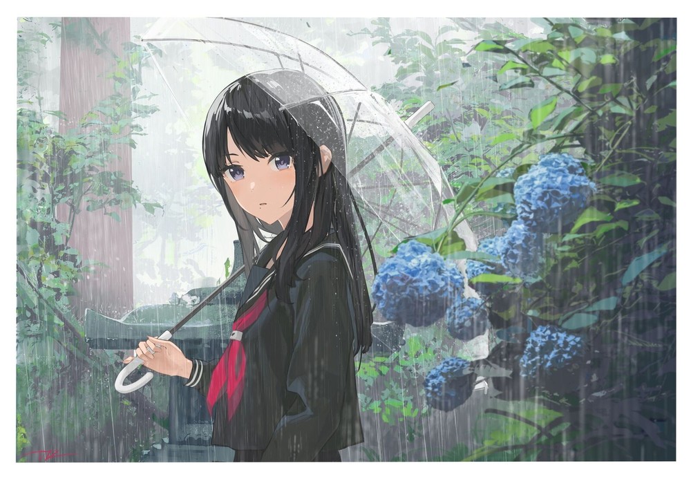 Anime Girl Playmat Desk Mat with Rain Umbrella and Flowers Design