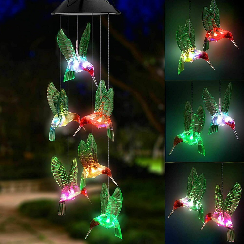 Solar Powered Color-Changing LED Hummingbird Wind Chime Lights Yard Garden Decor