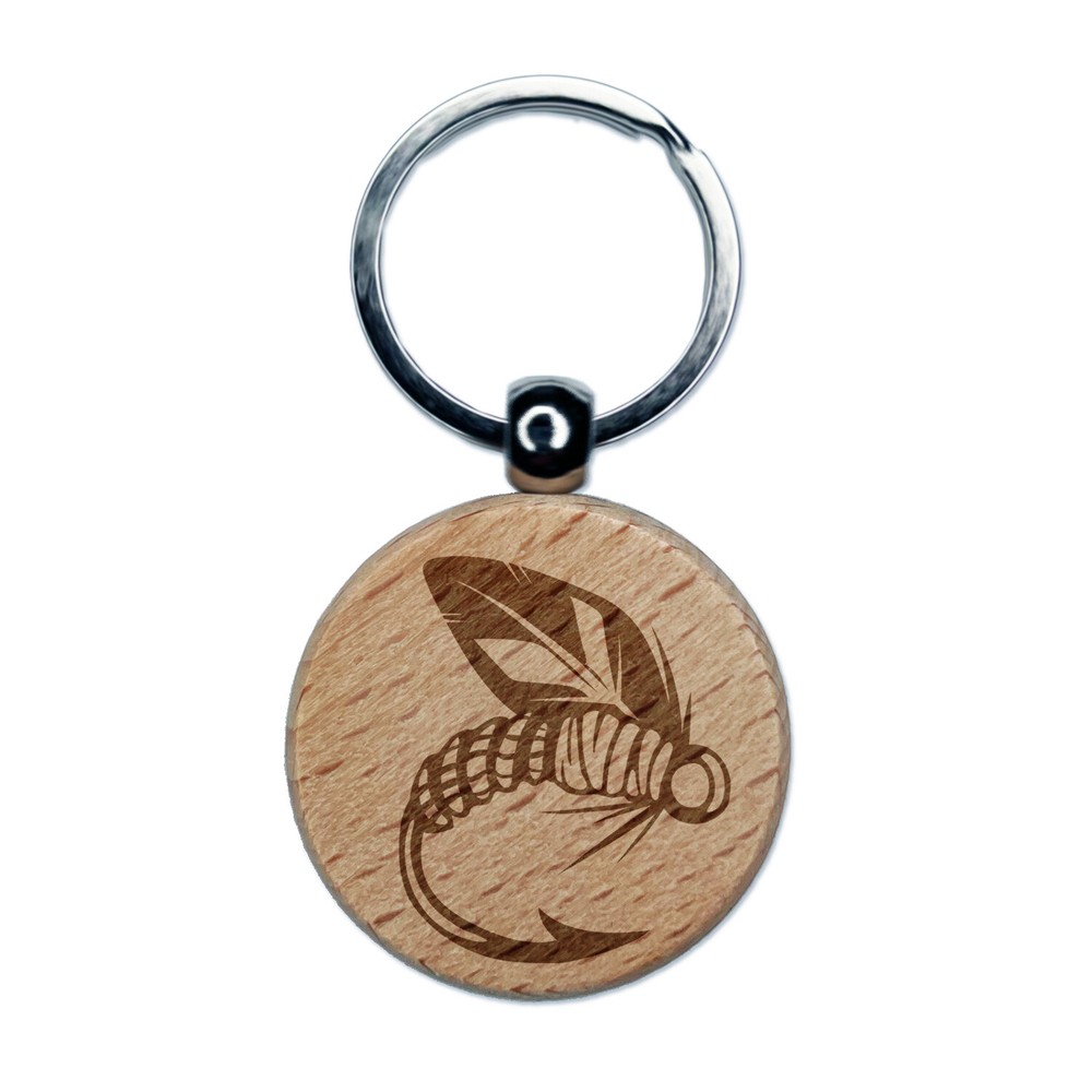 Fly Fishing Hook Lure Engraved Wood Round Keychain Tag Charm