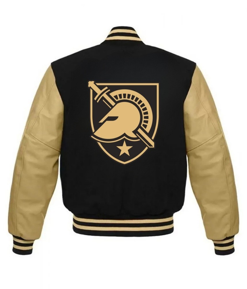 Army Black Knights Mens Golden Black Varsity Jacket Leather Sleeves