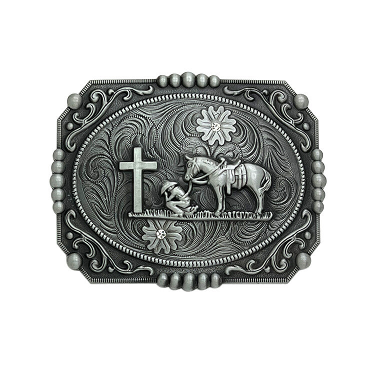 Large Western Belt Buckle for Men & Women Cowboy Vintage Style - Cross & Prayer