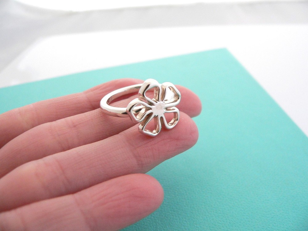 Tiffany & Co Silver Open Flower Ring Band Sz 6.75 Rare Nature Gift Love Garden