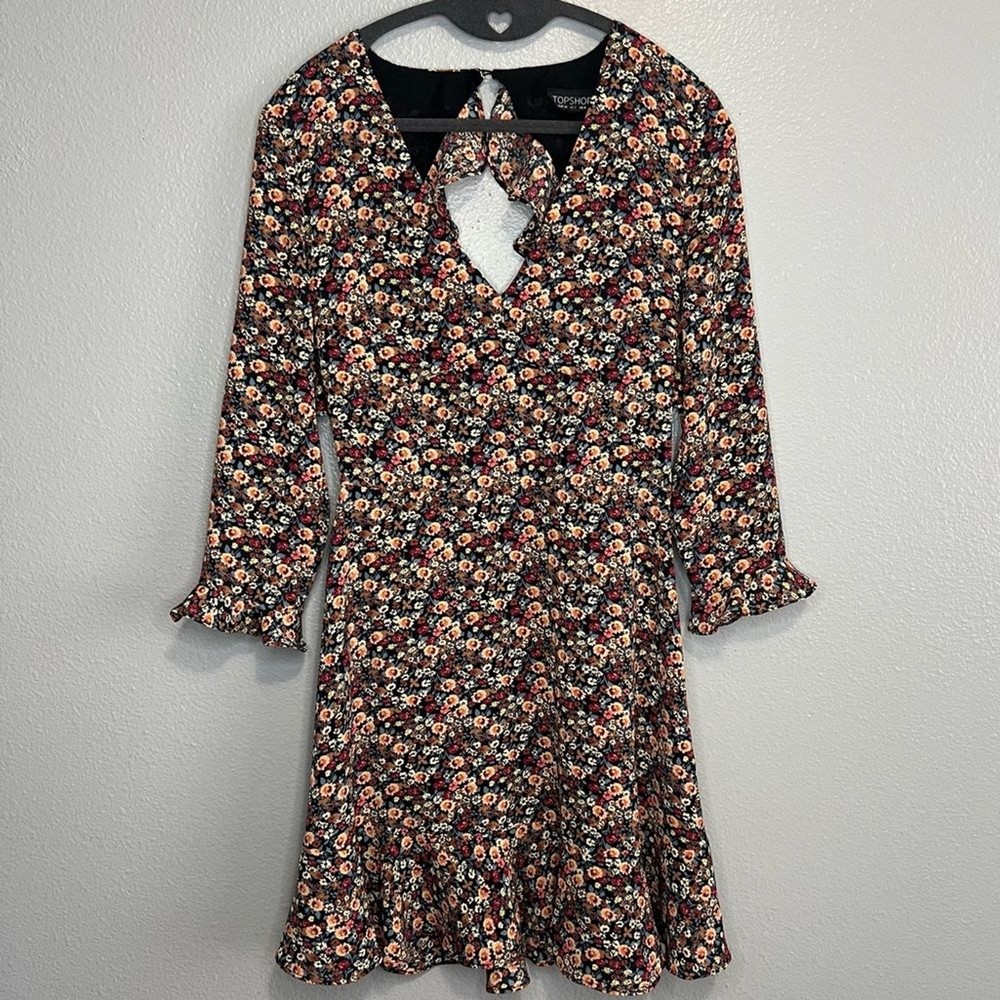 TOPSHOP Women's Sz 2 Dainty Floral Mini Dress Open Back Ruffles Twee Flirty