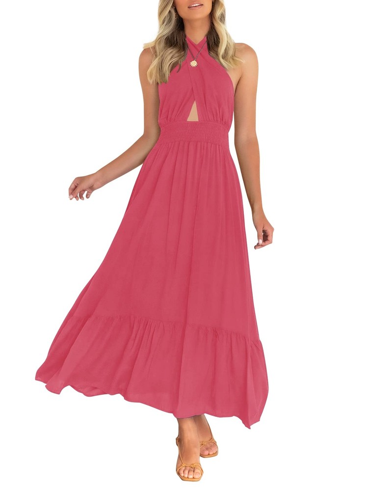 ZESICA Womens Summer Criss Cross Halter Neck Cut Out Solid Color Sleeveless