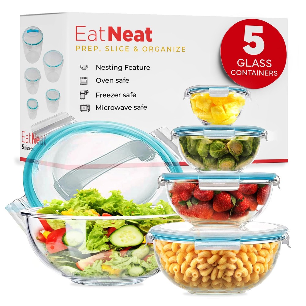EatNeat MXL501RD 5-Piece Glass Salad Bowl Set with Airtight Locking Lids for Freshness