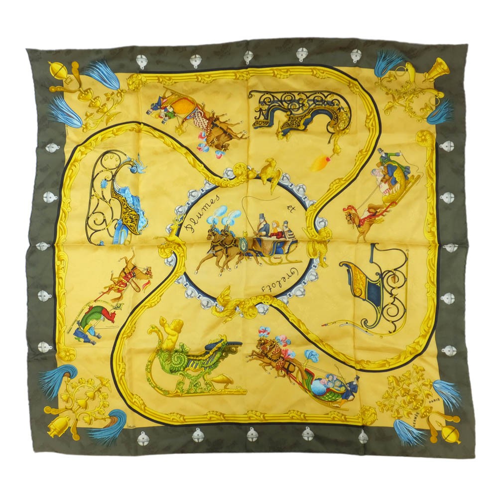Hermes Tenpaku 100% Silk Scarf Orange Horse Motif Green Multicolor Large Carré