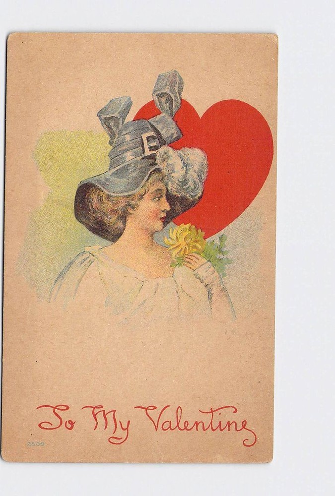 Holiday Postcard Valentines Lady In Hat With Big White Feather Heart In Backgrou