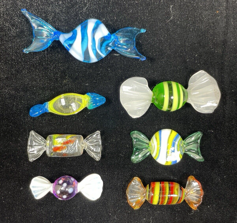 Vintage Hand Blown Glass Colorful Wrapped Candies Lot of 7