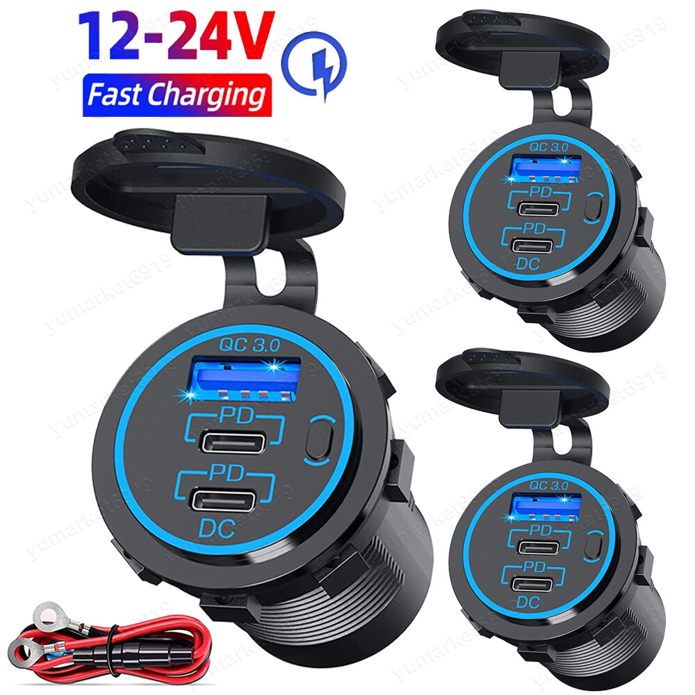 12-24V USB C 3 Port Fast Car Charger PD & QC3.0 Outlet Socket for Boat RV Marine