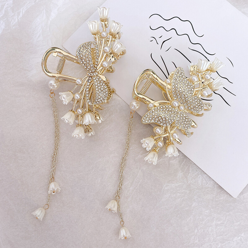 Hair Accessories Pearl Fringe Ponytail Clip Rhinestone Metal Hair Clip DIY