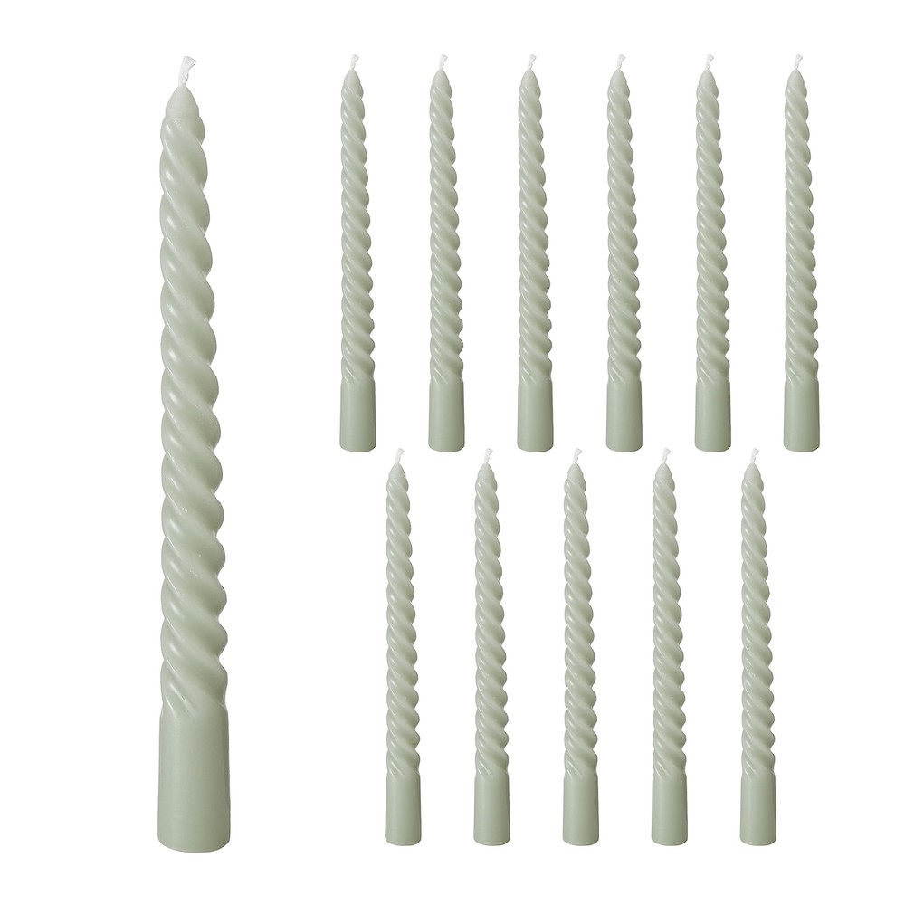 12-Piece Pale Green Twist Taper Candles - 2 Boxed Sets of 6, 4-Hour Burn Time, Paraffin Wax