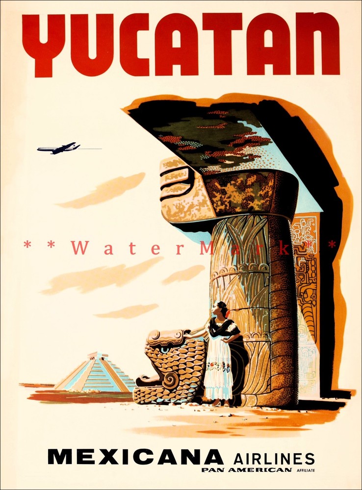 1950s Pan Am Mexicana Vintage Airline Poster Retro Travel Art Yucatan Mexico  