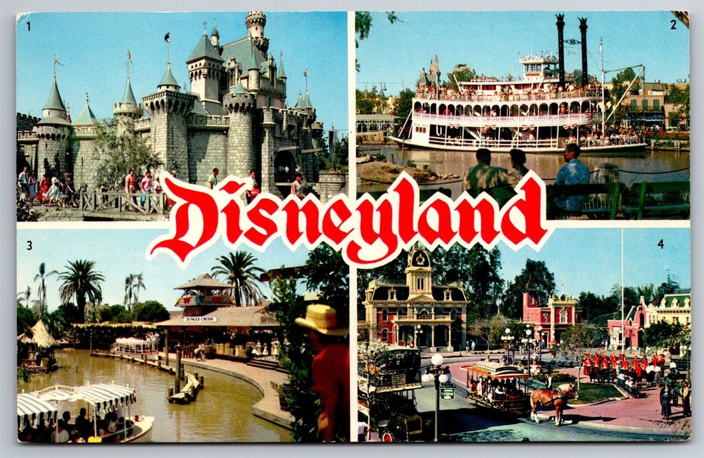 Disneyland 4 Vintage Views Castle Mark Twain Jungle River Town Square California Postcard Y3