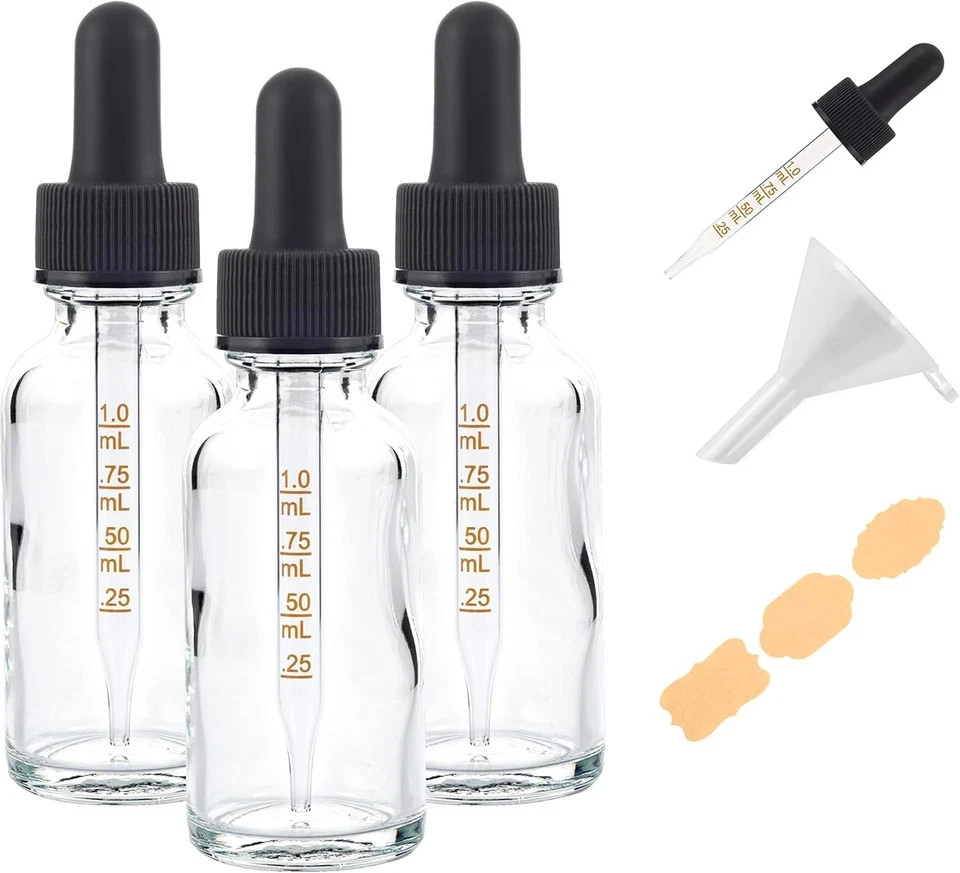 3 Pack 1oz (30ml) Clear Glass Dropper Bottles with Measurements,