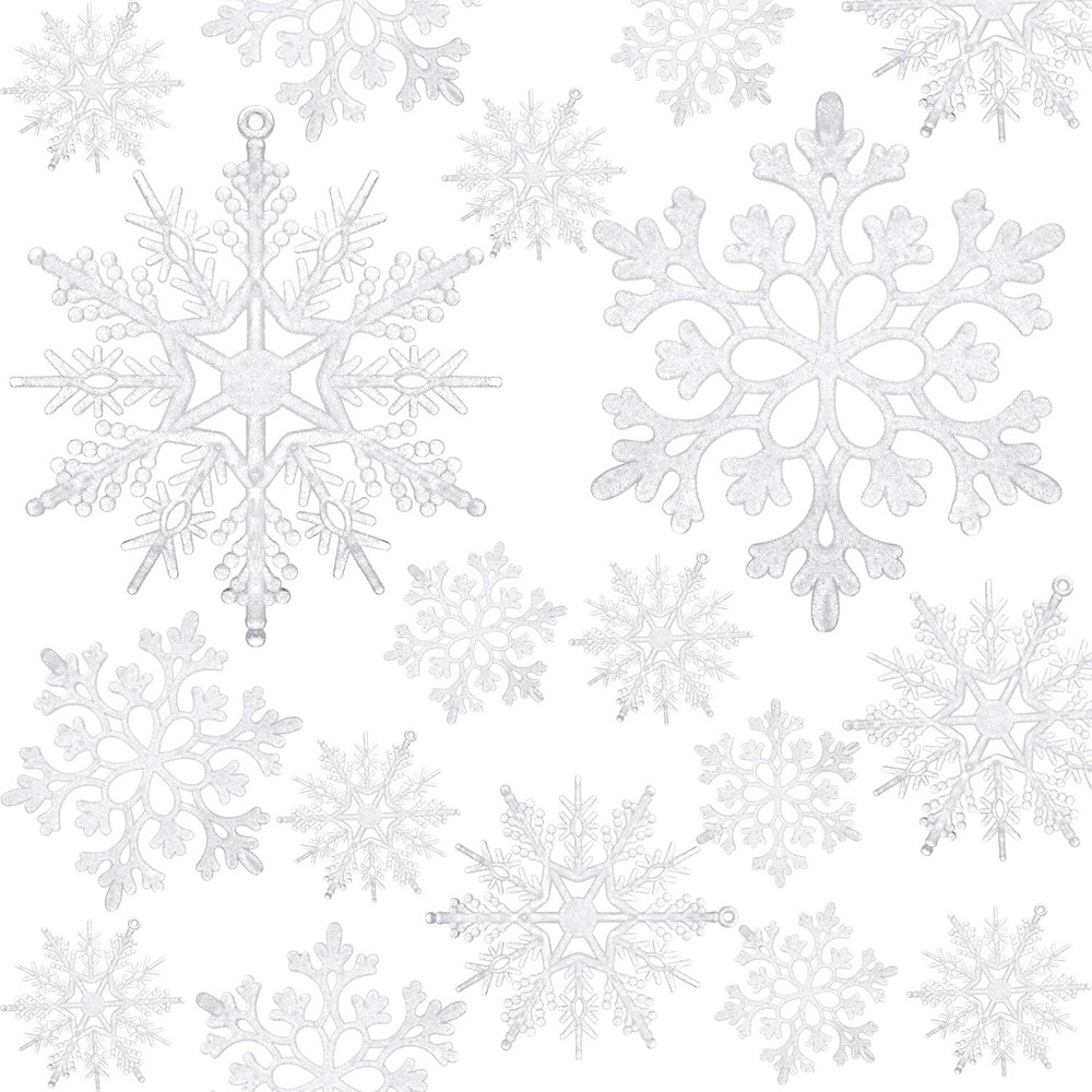 50 White Plastic Snowflake Ornaments with Hooks for Christmas Tree Decor