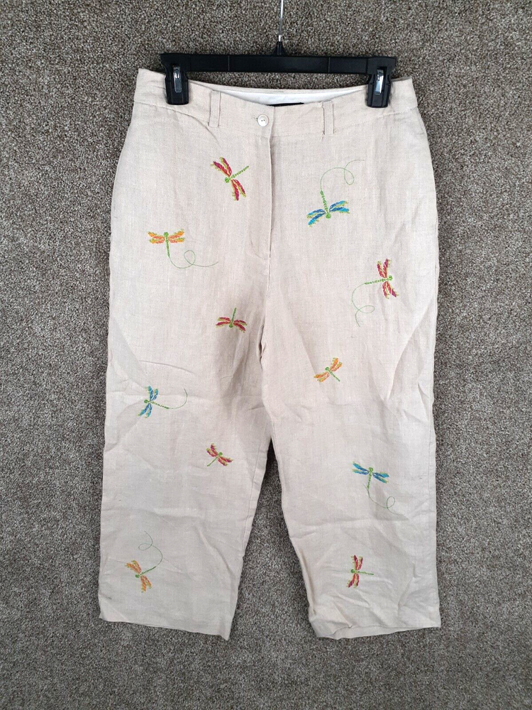 Paraphrase Crop Linen Pant Womens 8 Beige Dragonfly Embroidered Pockets Boho Art