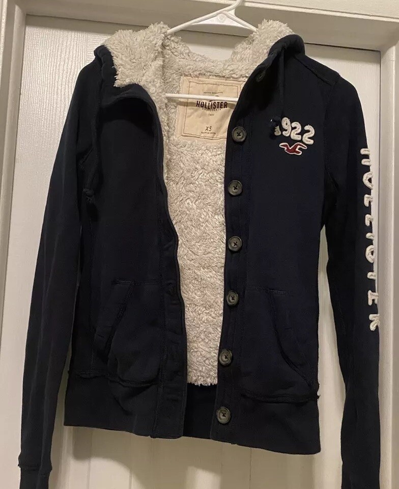 Hollister Sherpa Lined Hoodie Jacket, Navy Blue Button Down, Youth Teen XS